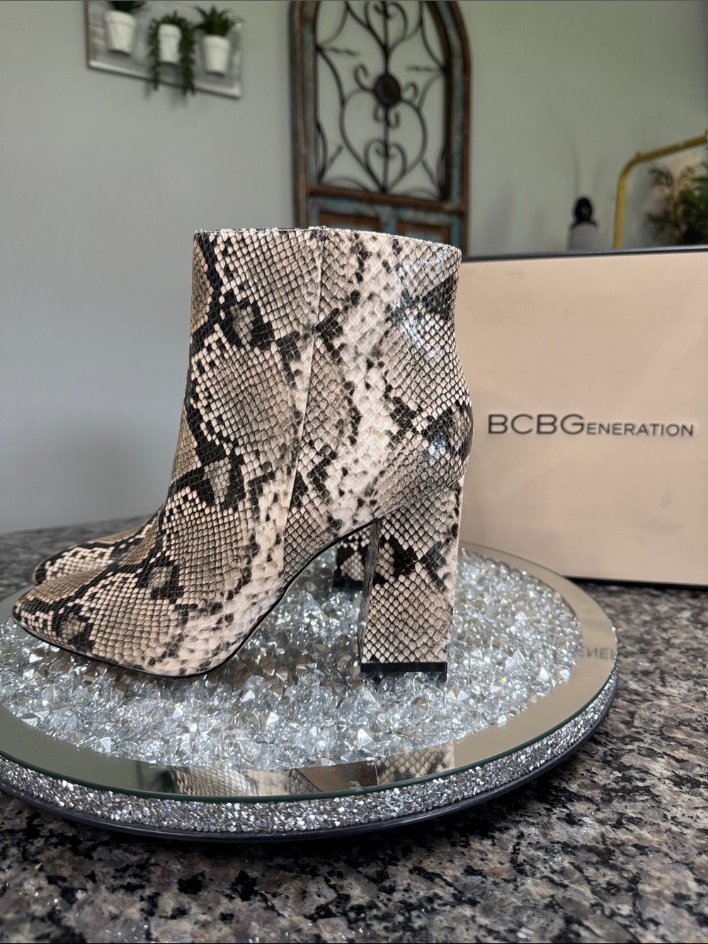 BCBGeneration Women's Snake Print Block Heel Ankle Boots - NEW 10
